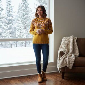 Hooked Up by IOT Juniors' Fair Isle Crewneck Sweater NWT Yellow XS